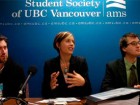 University of B.C. graduate Tristan Markle (left), Pivot Legal Society lawyer Katrina Pacey and UBC Alma Mater Society President Blake Frederick, Thursday, November 26, 2009. Image via Vancouver Sun.