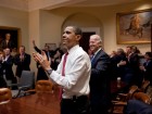 President Barack Obama, Vice President Joe Biden, and senior staff, react in the Roosevelt Room of the White House, as the House passes the health care reform bill, March 21, 2010. (Official White House Photo by Pete Souza)