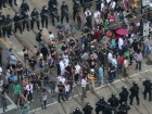 Crowd hemmed in at Queen and Spadina. Photo by Jonas Naimark.