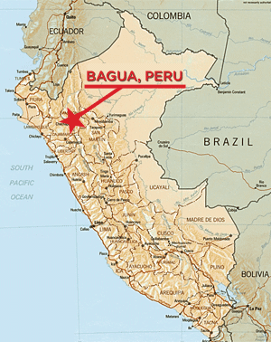 Location of Bagua, Peru, site of a June 5, 2009 massacre of indigenous protesters by Peruvian police and military officers.
