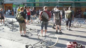 Cyclists on Bloor Street in Toronto on Tuesday afternoon, memorializing Darcy Allan Sheppard. Photo by Patrick Morrell/CBC.
