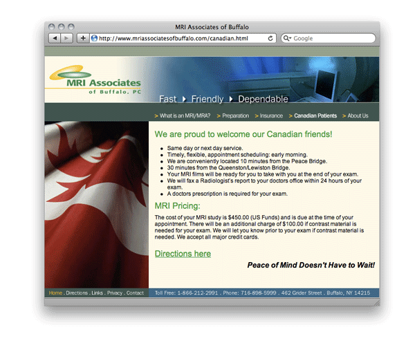 Website for MRI Associates of Buffalo, NY, welcoming their "Canadian Friends." Why are nationalism and health care are tightly bound in this country?