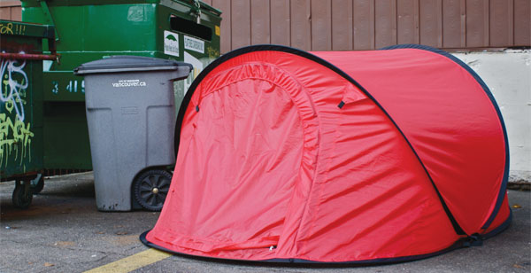 One of Pivot Legal Society's Red Tents on the streets of Vancouver during the 2010 Winter Olympics. Photo by The Blackbird.