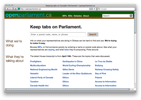 Website of OpenParliament.ca