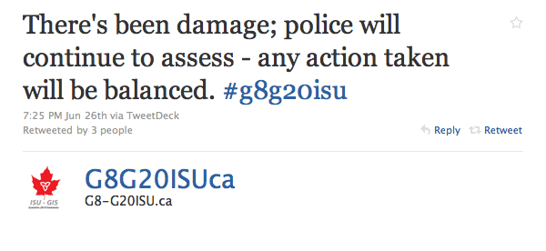 G8G20ISUca: "There's been damage; police will continue to assess - any action taken will be balanced. #g8g20isu"