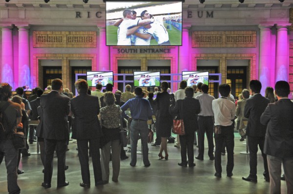 International media watch the World Cup as the G20 protests continue outside.