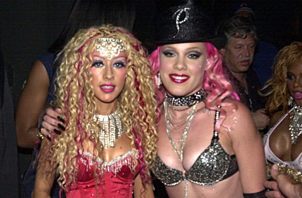 Christina Aguilera and Pink during 2001 MTV Movie Awards. Photo by Jeff Kravitz/FilmMagic, Inc.