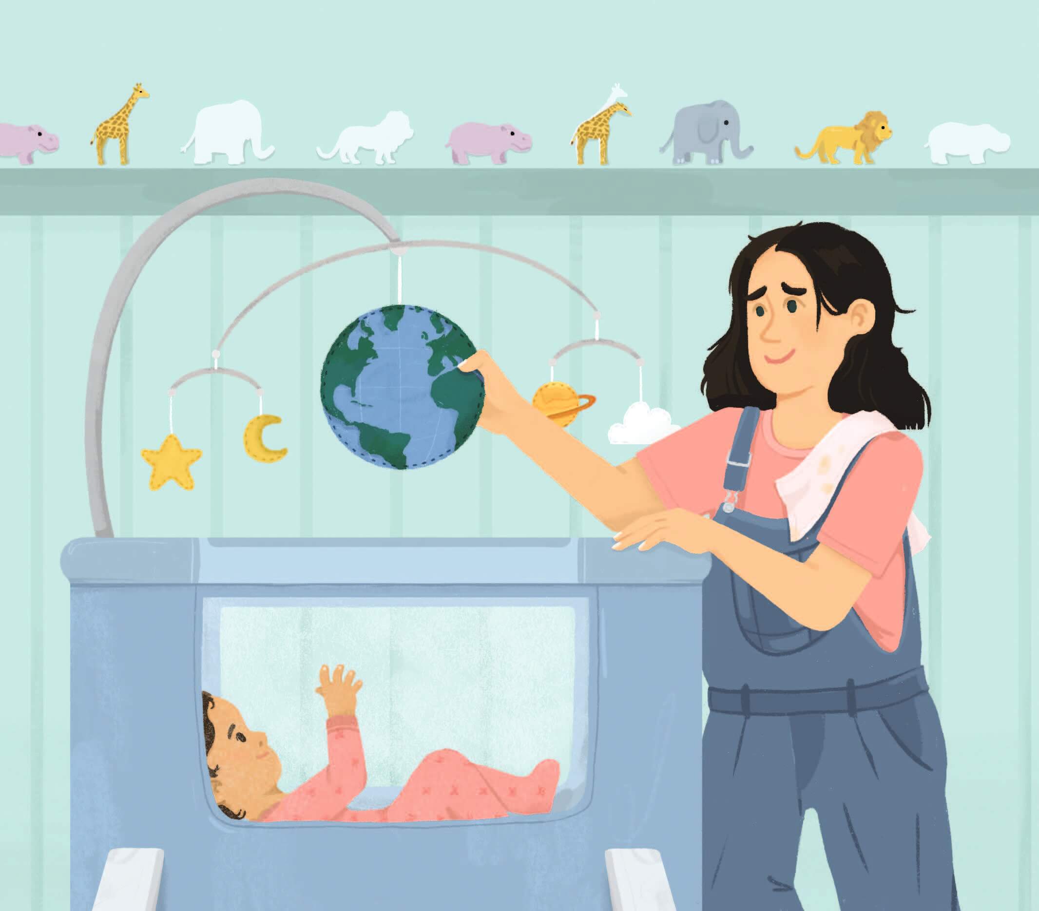 Young woman with shoulder length dark hair, blue overalls, and a pink t-shirt stands beside a crib holding the centre of a mobile designed like planet earth smiling at small child in crib wearing a pink onesie. There are animals lined up on a shelf on the wall behind them.