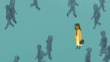 An illustration of a woman wearing yellow surrounded by people silhouetted in turquoise looking very lonely.
