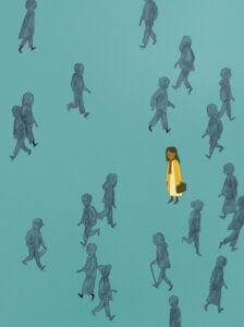 An illustration of a woman wearing yellow surrounded by people silhouetted in turquoise looking very lonely.