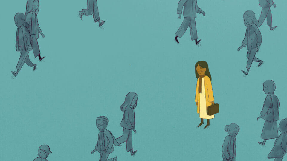 An illustration of a woman wearing yellow surrounded by people silhouetted in turquoise looking very lonely.