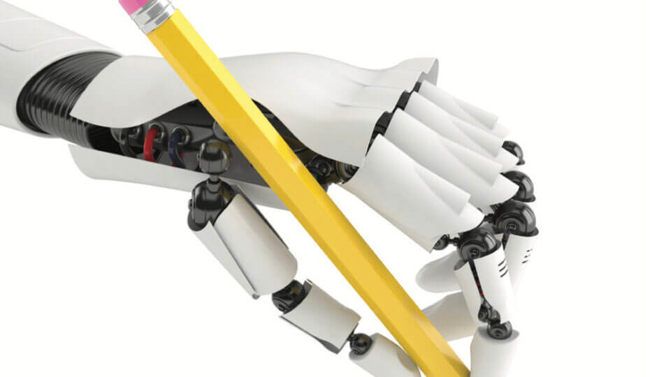 A white robotic hand with visible joints holds a pencil and draws a straight line