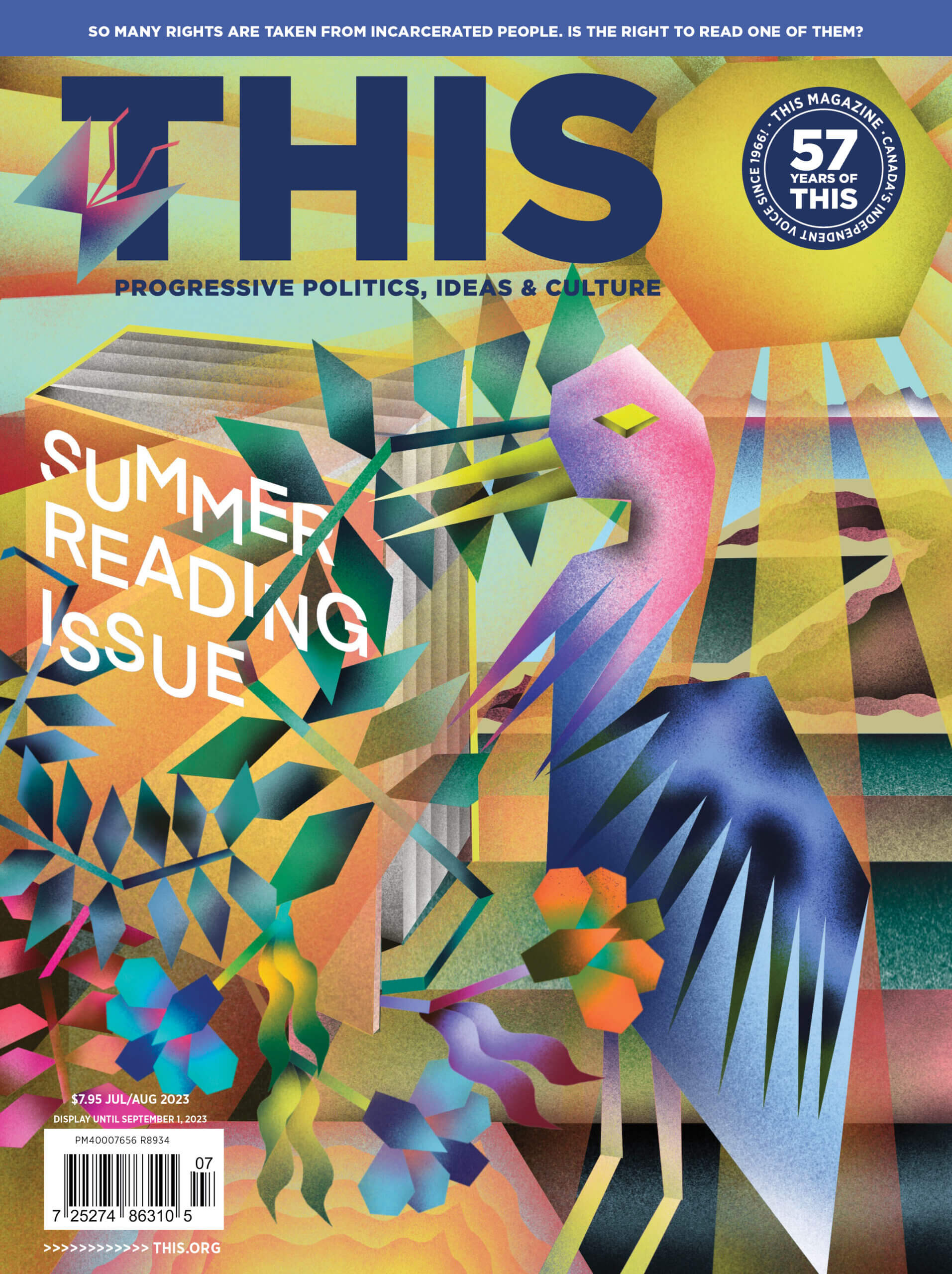A brightly coloured bird picks out a book to read, ensconced in rainbows and sunshine. The words Summer Reading Issue are emblazoned on a book's cover