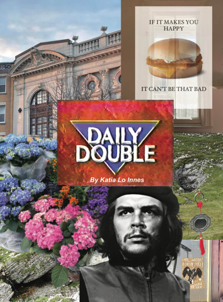 The words "Daily Double" are enshrined in red in the middle of a collage featuring Montreal's Rialto Theatre, some flowers, Che Guevara's unsmiling head, and a Filet O Fish with the words "If it makes you happy, it can't be that bad" around it.
