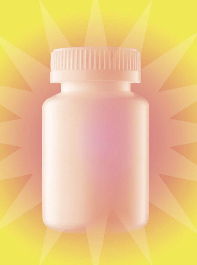 A white bottle of pills with rays of what looks like sun around it on a yellow background