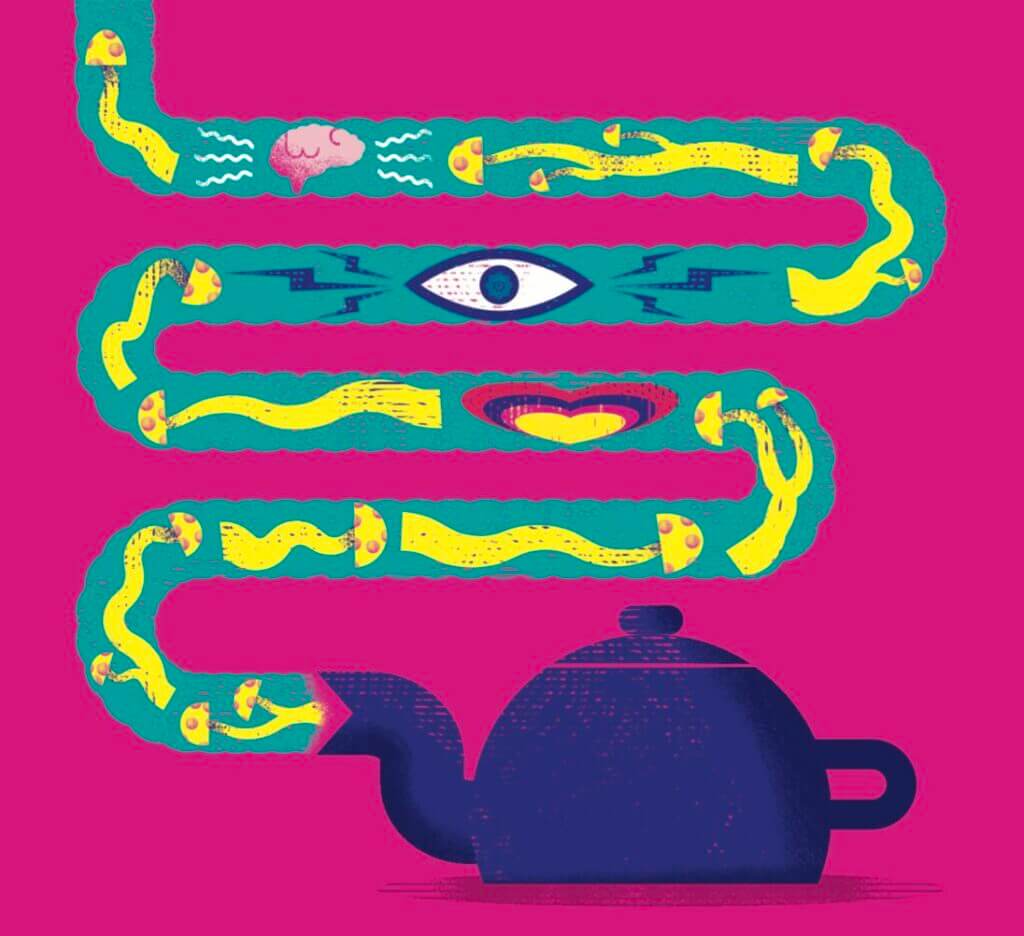 A tea pot's steam emits psychedelic images, like mushrooms and eyeballs
