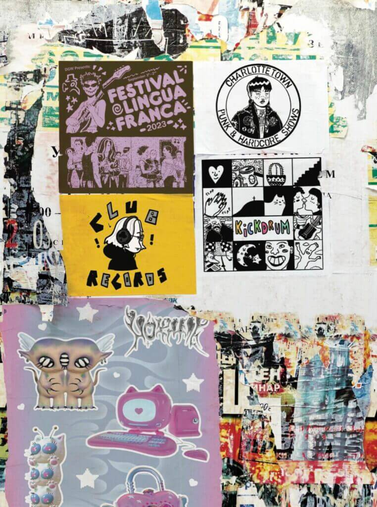 A collage of band posters shares the names of several DIY music collectives