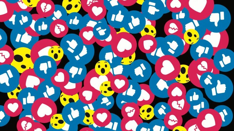A flurry of "likes" (thumbs up), hearts, and surprised faces compete for attention