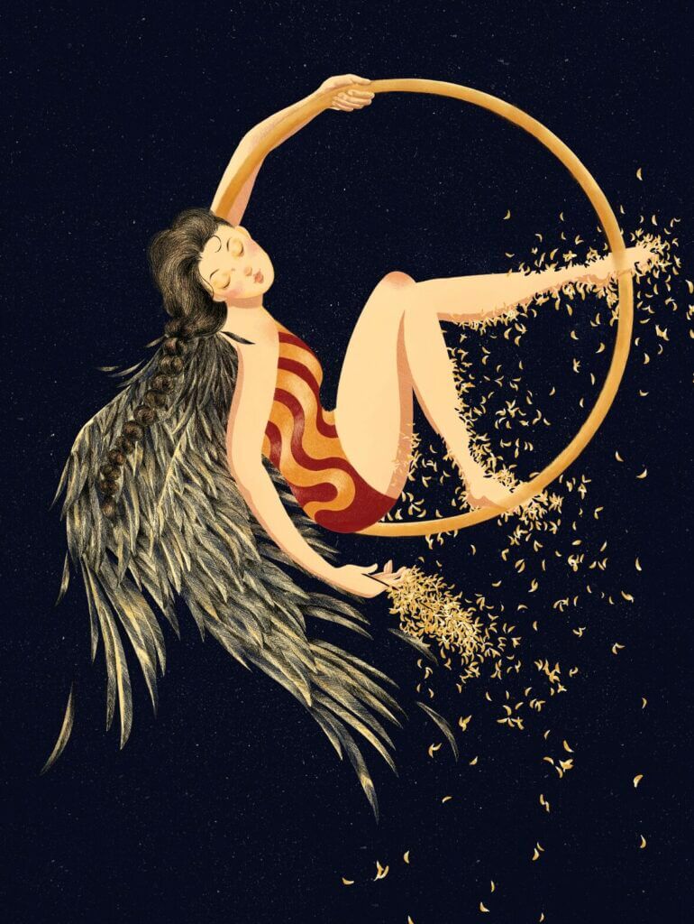 A winged woman sits in a floating hoop looking peaceful