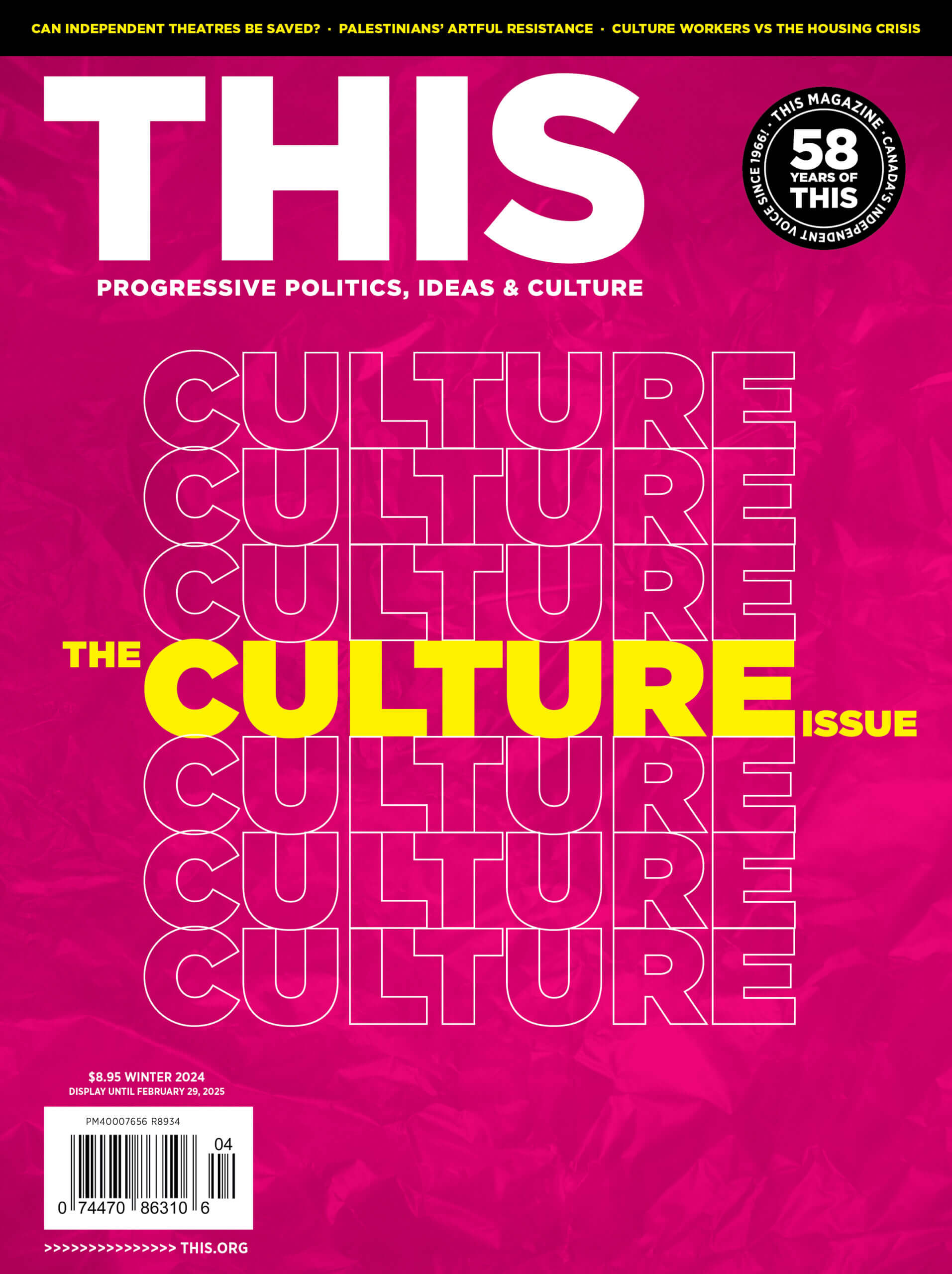 Large yellow lettering spells out The Culture Issue over a pink backdrop