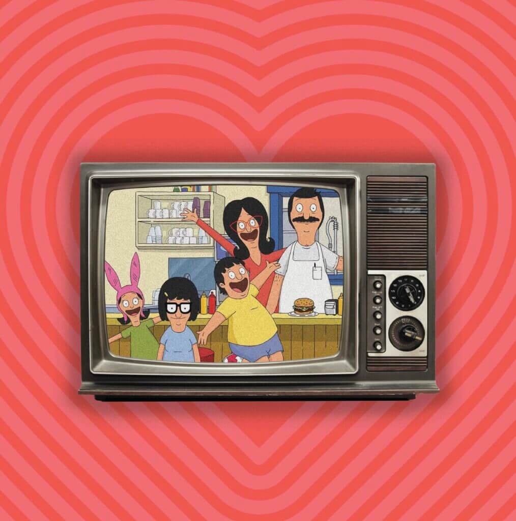The Belcher family waves from an '80s style TV screen while a big heart surrounds them