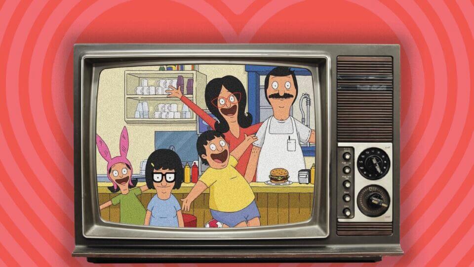 The Belcher family waves from an '80s style TV screen while a big heart surrounds them