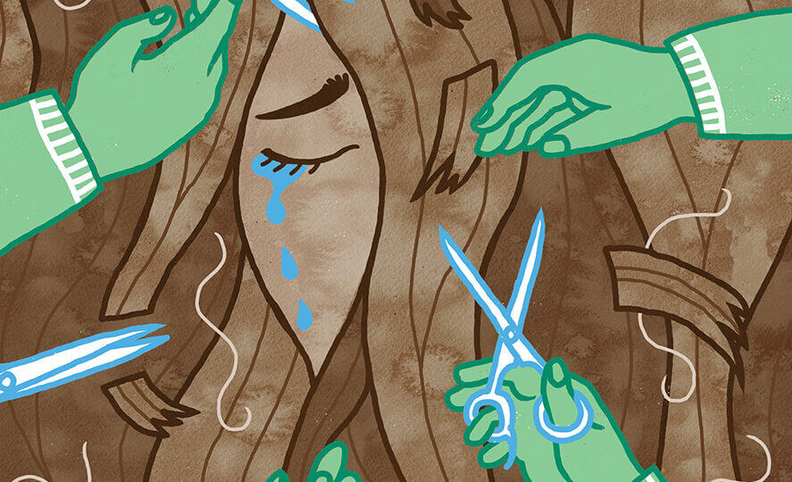 An illustration of six green hands holding scissors or strands of brown hair. In the center of the hair is a closed eye crying tears.
