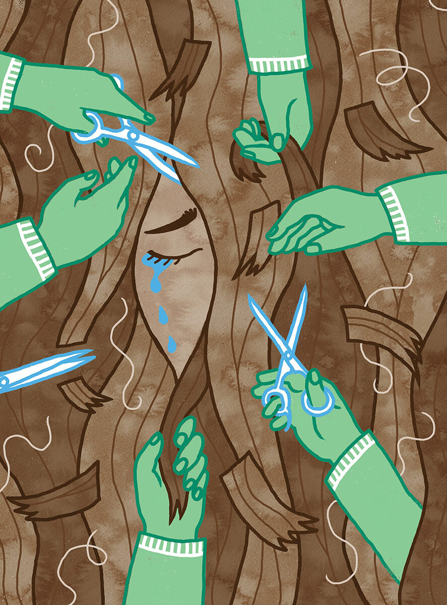 An illustration of six green hands holding scissors or strands of brown hair. In the center of the hair is a closed eye crying tears.