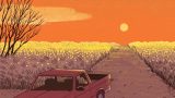 Illustration of a parked truck at sunset with canola fields surrounding the road.