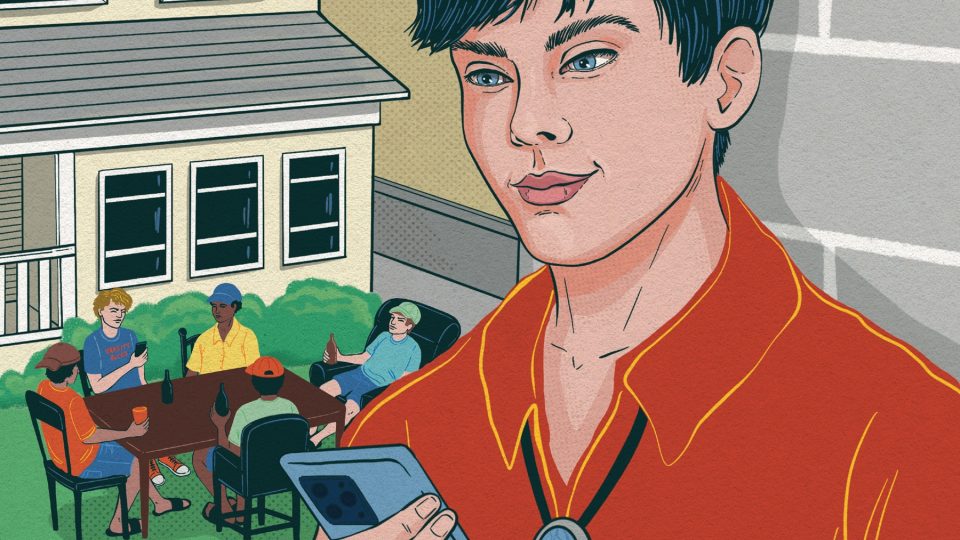 Illustration of a person looking at their phone with a group drinking beer on a lawn in the background.