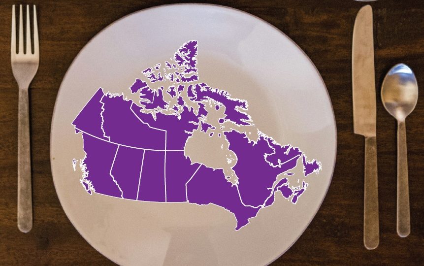 Image of a purple map of Canada on top of a dinner plate with cutlery on either side.