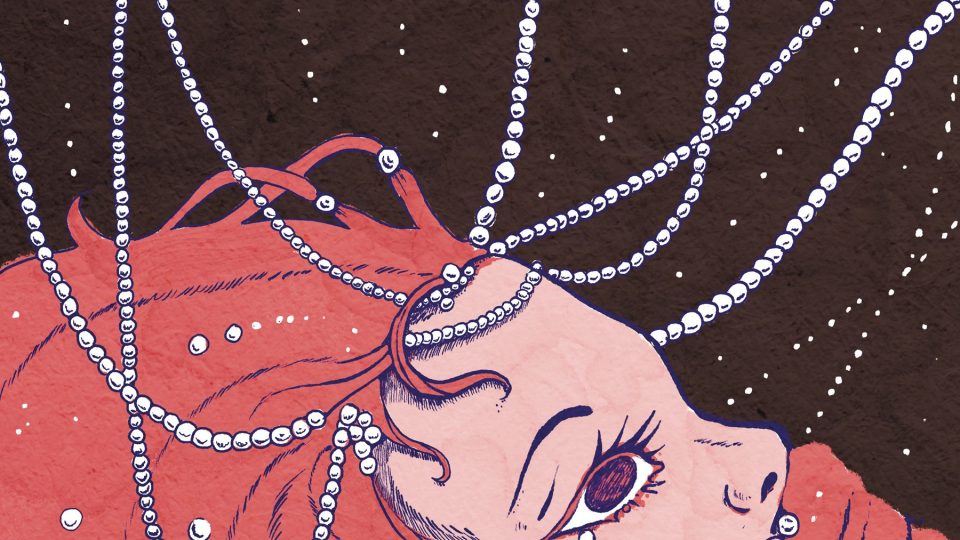 Illustration of a person with red hair that wraps around their mouth with threads of pearls rising out of the hairline into a black background.