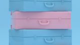 Image of stacked suitcases coloured alternating light blue and light pink on a blue background.