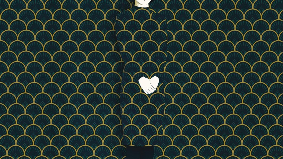 Illustration of a woman standing in front of a pattered, green and gold wall. She is wearing a dress with the same pattern and blending into the background.