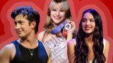 Photos of actor Hudson Williams, singer Olivia Rodrigo, and figure skater Alysa Liu on a red background.