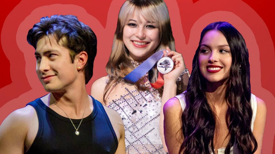 Photos of actor Hudson Williams, singer Olivia Rodrigo, and figure skater Alysa Liu on a red background.