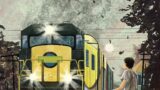 Illustration of a boy with a blue bicycle standing near train tracks and watching a yellow train pass by.