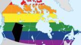 Image of a map of Canada with the provinces coloured in with the pride flag rainbow. Alberta is left black.