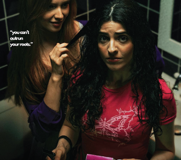 Image of a movie poster that depicts a girl with black hair staring into a camera while another girl plays with a strand of her hair.