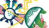 Illustration of a three-headed bird with American-flag wings shooting yellow lightning at a green turtle-like creature embracing a Toronto skyline.