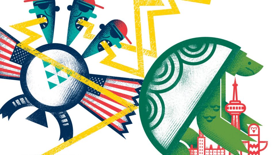 Illustration of a three-headed bird with American-flag wings shooting yellow lightning at a green turtle-like creature embracing a Toronto skyline.